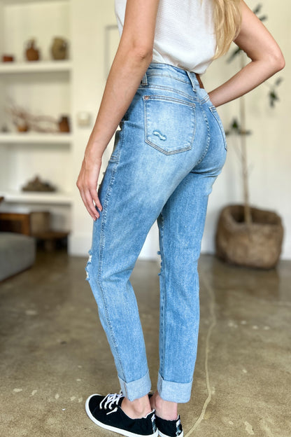 Judy Blue Full Size Distressed Straight Jeans with Patch Pockets - Free Shipping - Aurelia Clothing