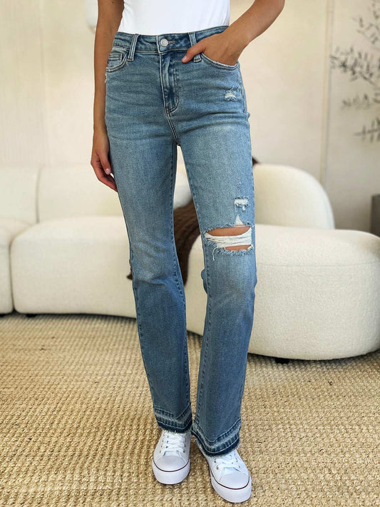 Judy Blue Full Size Mid Rise Destroyed Hem Distressed Jeans - Free Shipping - Aurelia Clothing