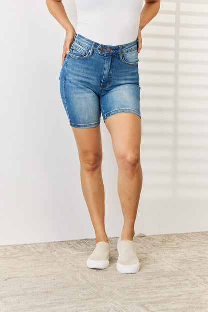 Judy Blue Full Size Tummy Control Double Button Bermuda Denim Shorts - Free Shipping - Aurelia Clothing