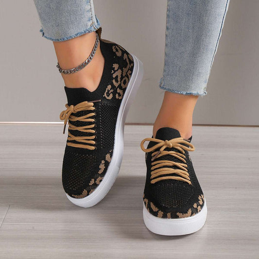 Lace-Up Leopard Flat Sneakers - Aurelia Clothing