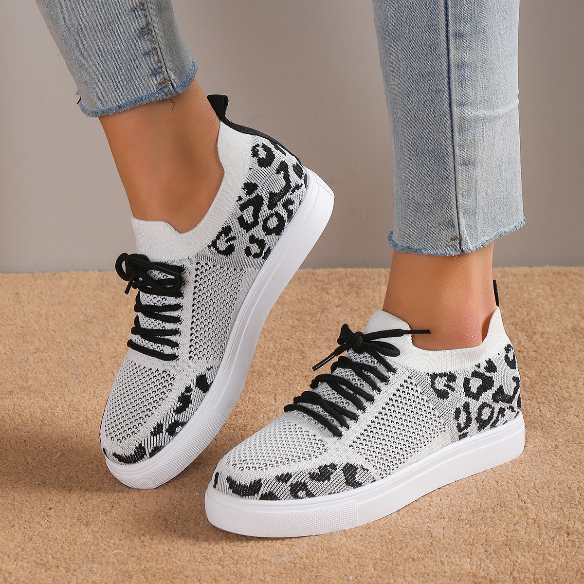Lace-Up Leopard Flat Sneakers - Aurelia Clothing