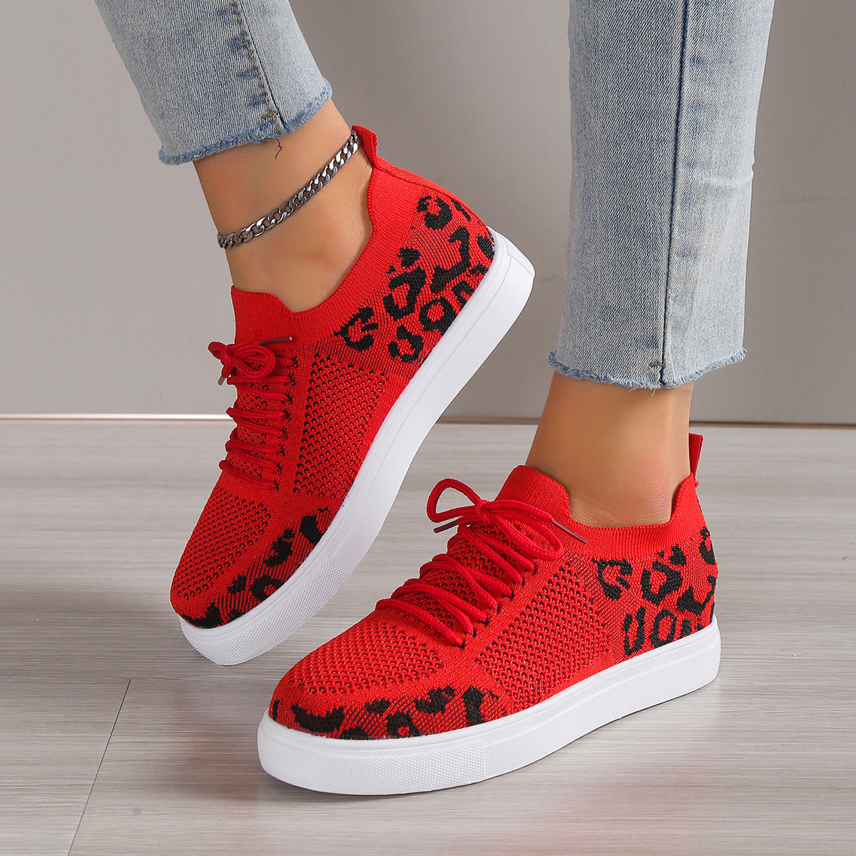 Lace-Up Leopard Flat Sneakers - Aurelia Clothing
