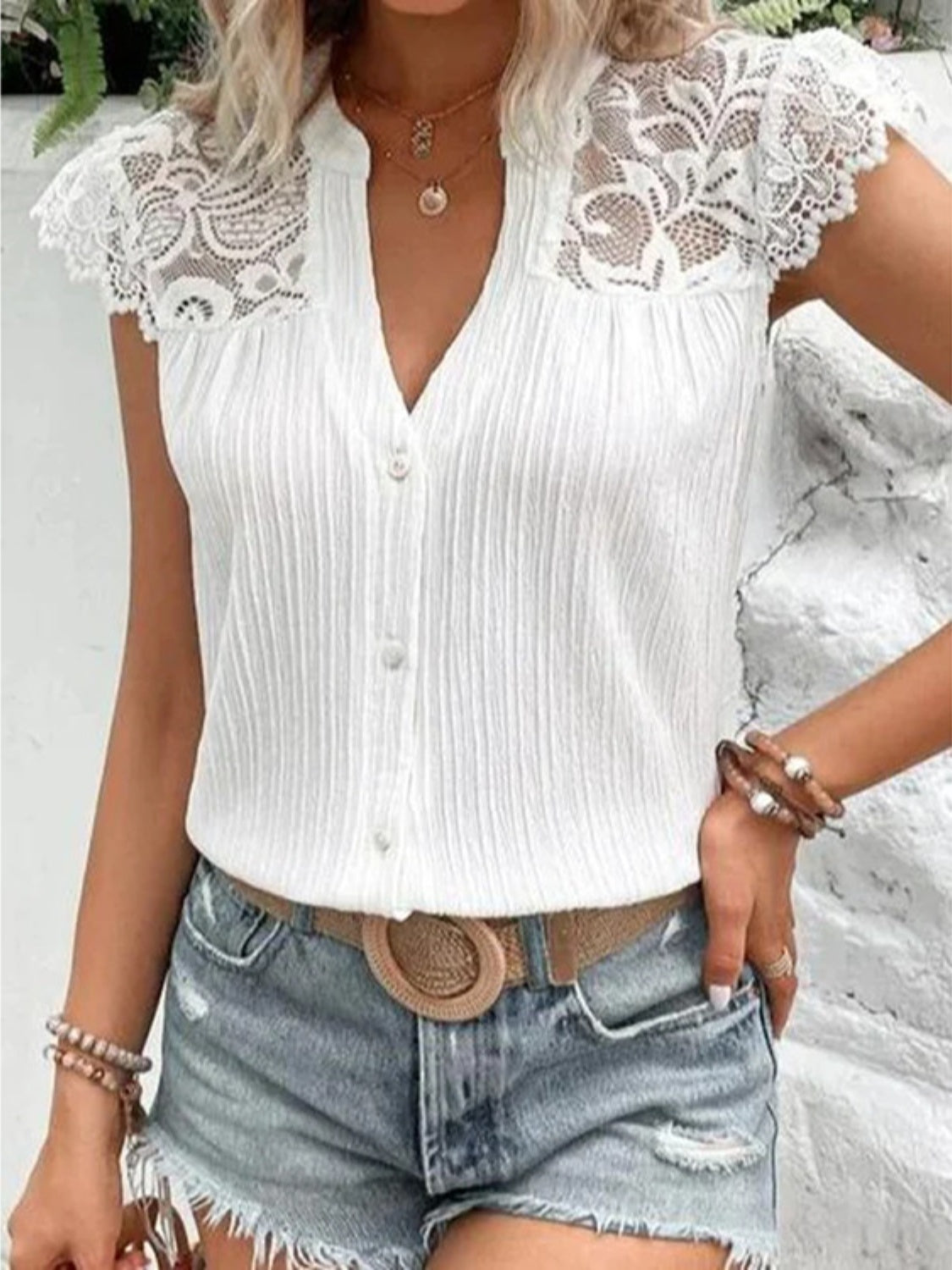 Lace Detail Notched Cap Sleeve Blouse - Aurelia Clothing