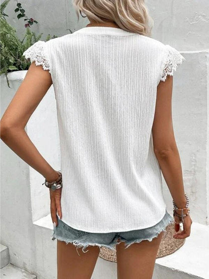 Lace Detail Notched Cap Sleeve Blouse - Aurelia Clothing