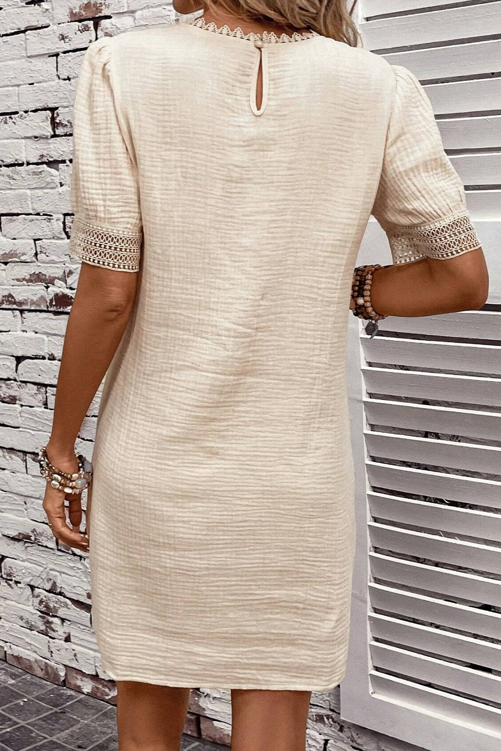 Lace Detail Round Neck Short Sleeve Mini Dress - Aurelia Clothing