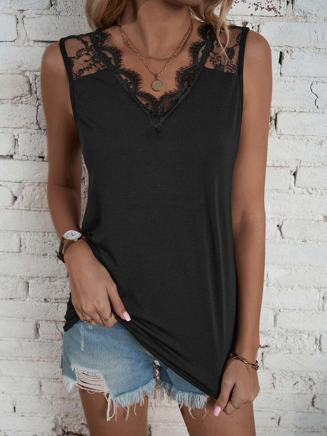 Lace Detail V-Neck Tank - Aurelia Clothing