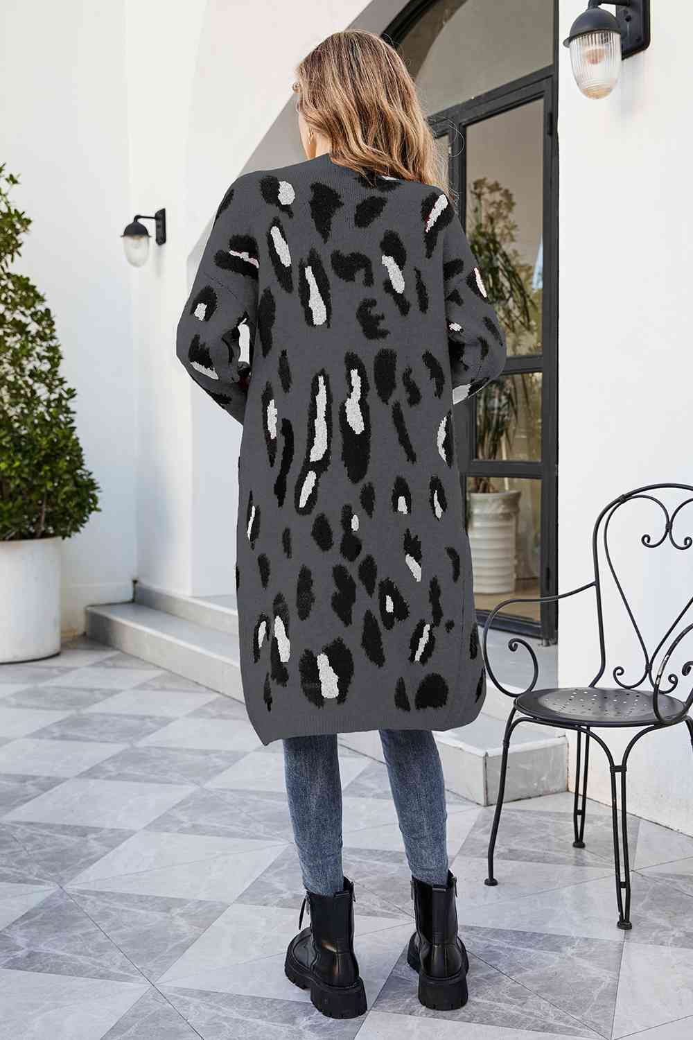 Leopard Open Front Cardigan with Pockets - Aurelia Clothing