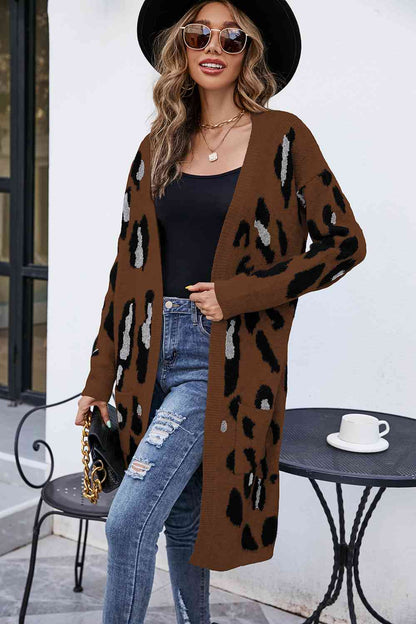 Leopard Open Front Cardigan with Pockets - Aurelia Clothing