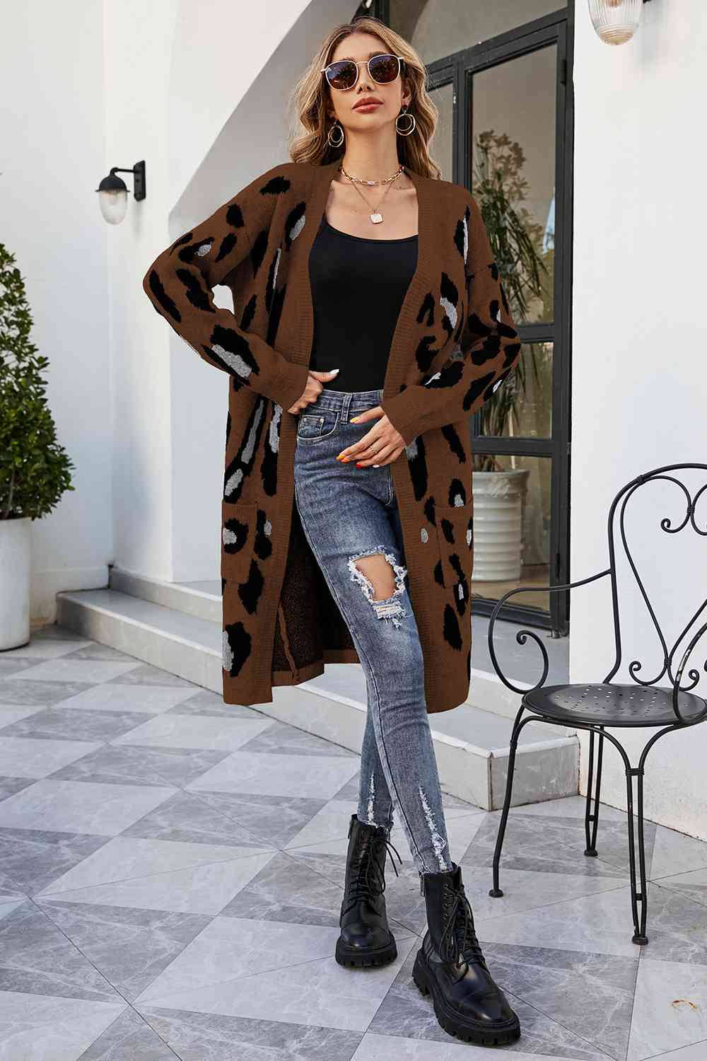 Leopard Open Front Cardigan with Pockets - Aurelia Clothing