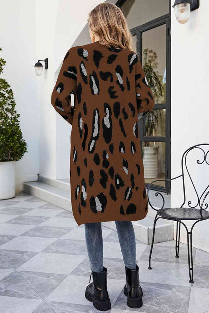 Leopard Open Front Cardigan with Pockets - Aurelia Clothing