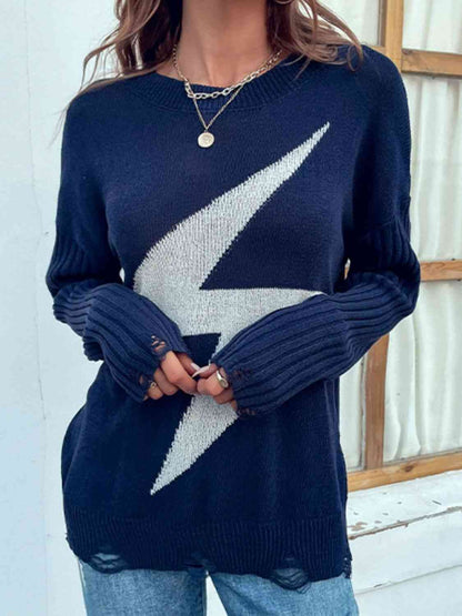 Lightning Graphic Distressed Sweater - Aurelia Clothing