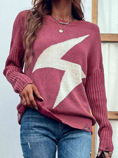 Lightning Graphic Distressed Sweater - Aurelia Clothing