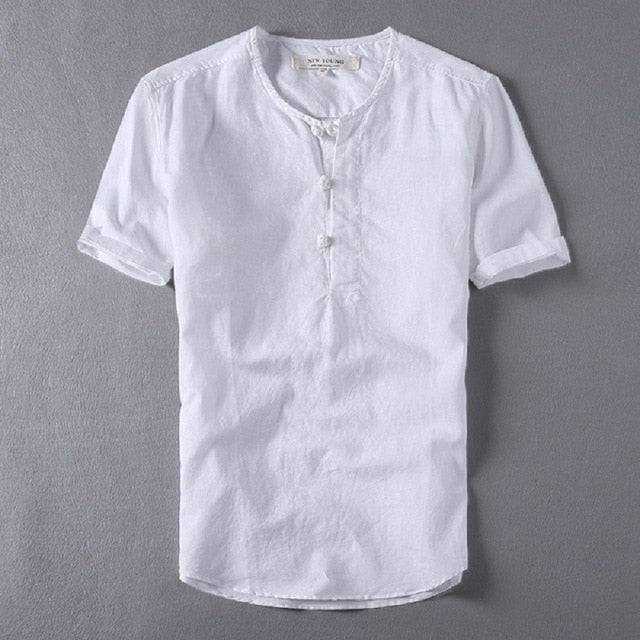 Mens Shirts Fashion Summer Short Sleeve Slim Linen Shirts Male White Color Casual Shirts - Free Shipping - Aurelia Clothing