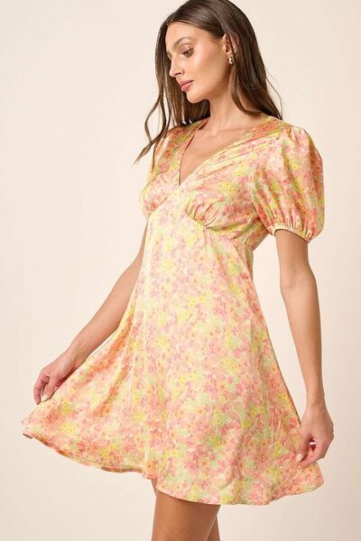 Mittoshop Printed V-Neck Puff Sleeve Mini Dress - Aurelia Clothing