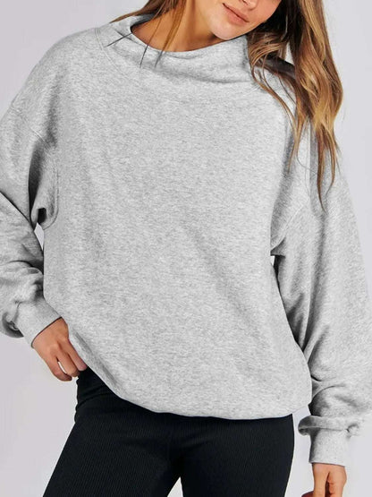 Mock Neck Drop Shoulder Long Sleeve Sweatshirt - Aurelia Clothing