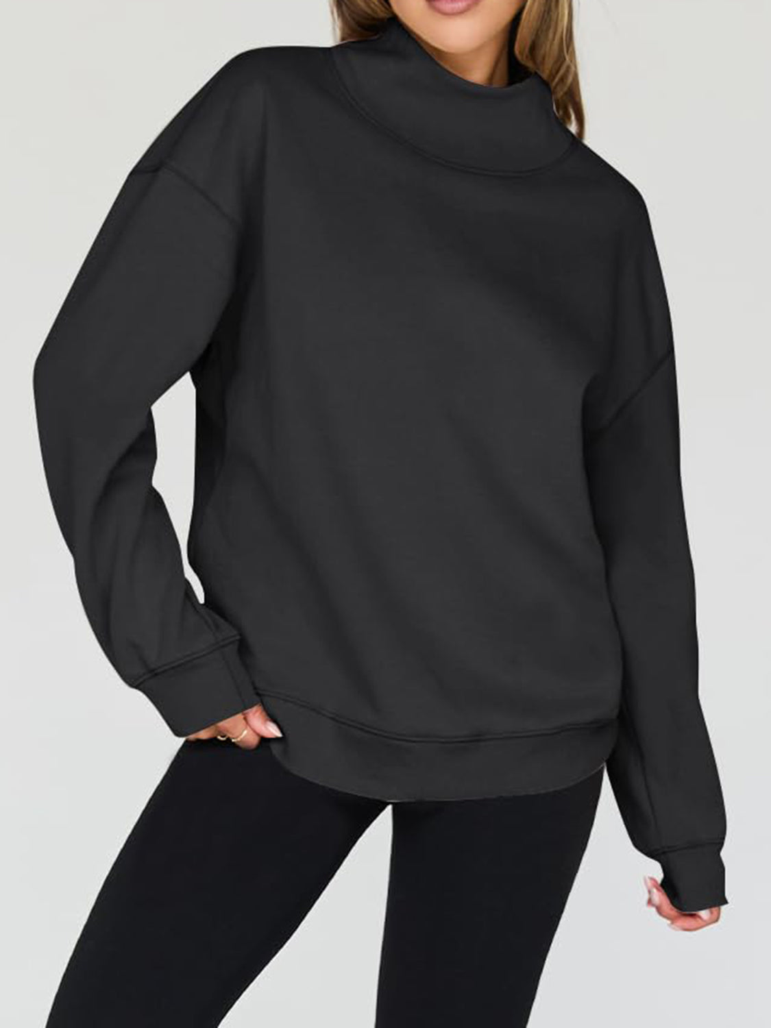 Mock Neck Drop Shoulder Long Sleeve Sweatshirt - Aurelia Clothing