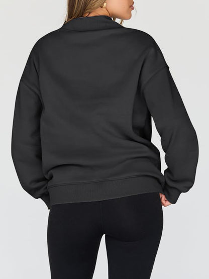 Mock Neck Drop Shoulder Long Sleeve Sweatshirt - Aurelia Clothing