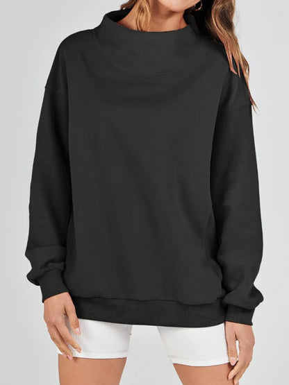 Mock Neck Drop Shoulder Long Sleeve Sweatshirt - Aurelia Clothing