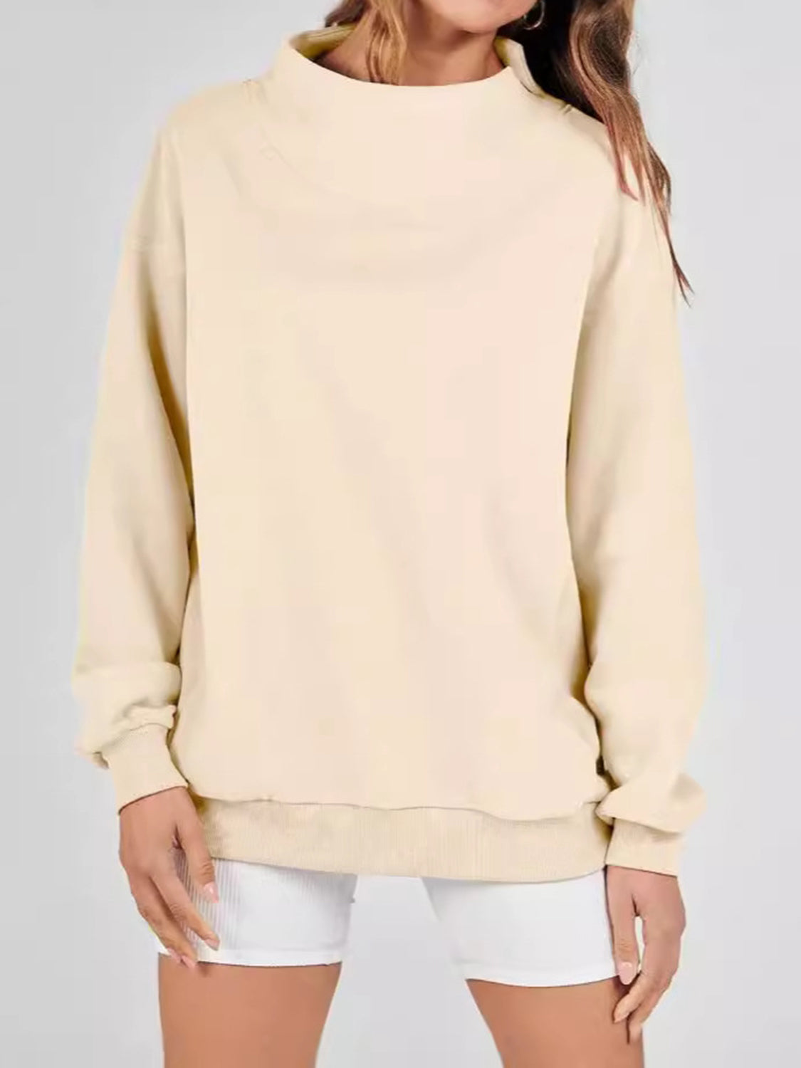 Mock Neck Drop Shoulder Long Sleeve Sweatshirt - Aurelia Clothing