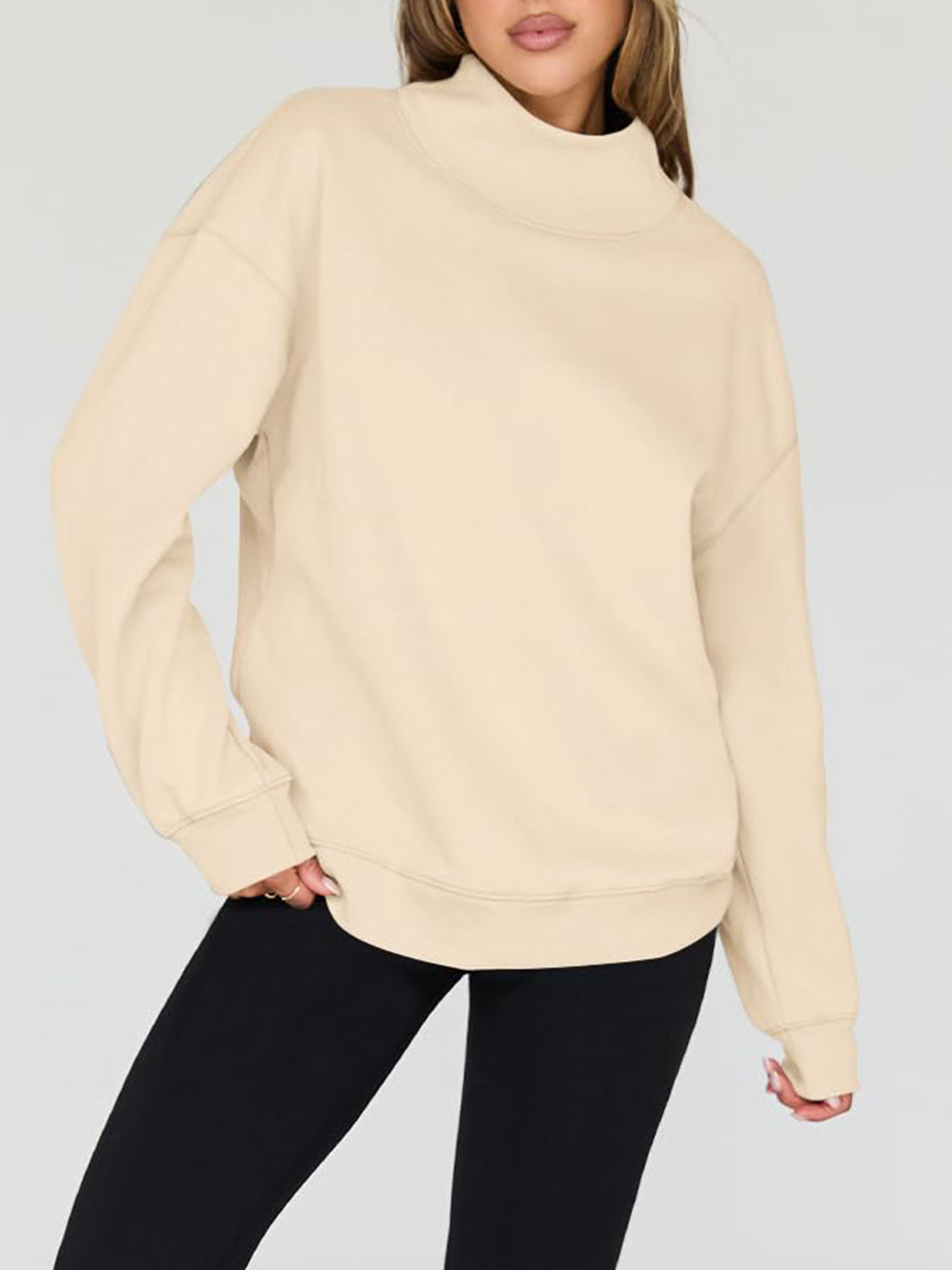 Mock Neck Drop Shoulder Long Sleeve Sweatshirt - Aurelia Clothing