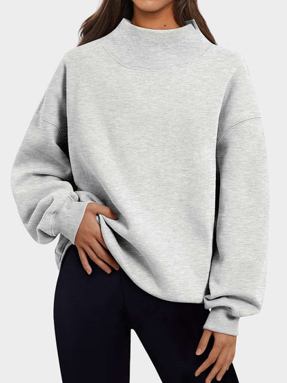 Mock Neck Drop Shoulder Long Sleeve Sweatshirt - Aurelia Clothing