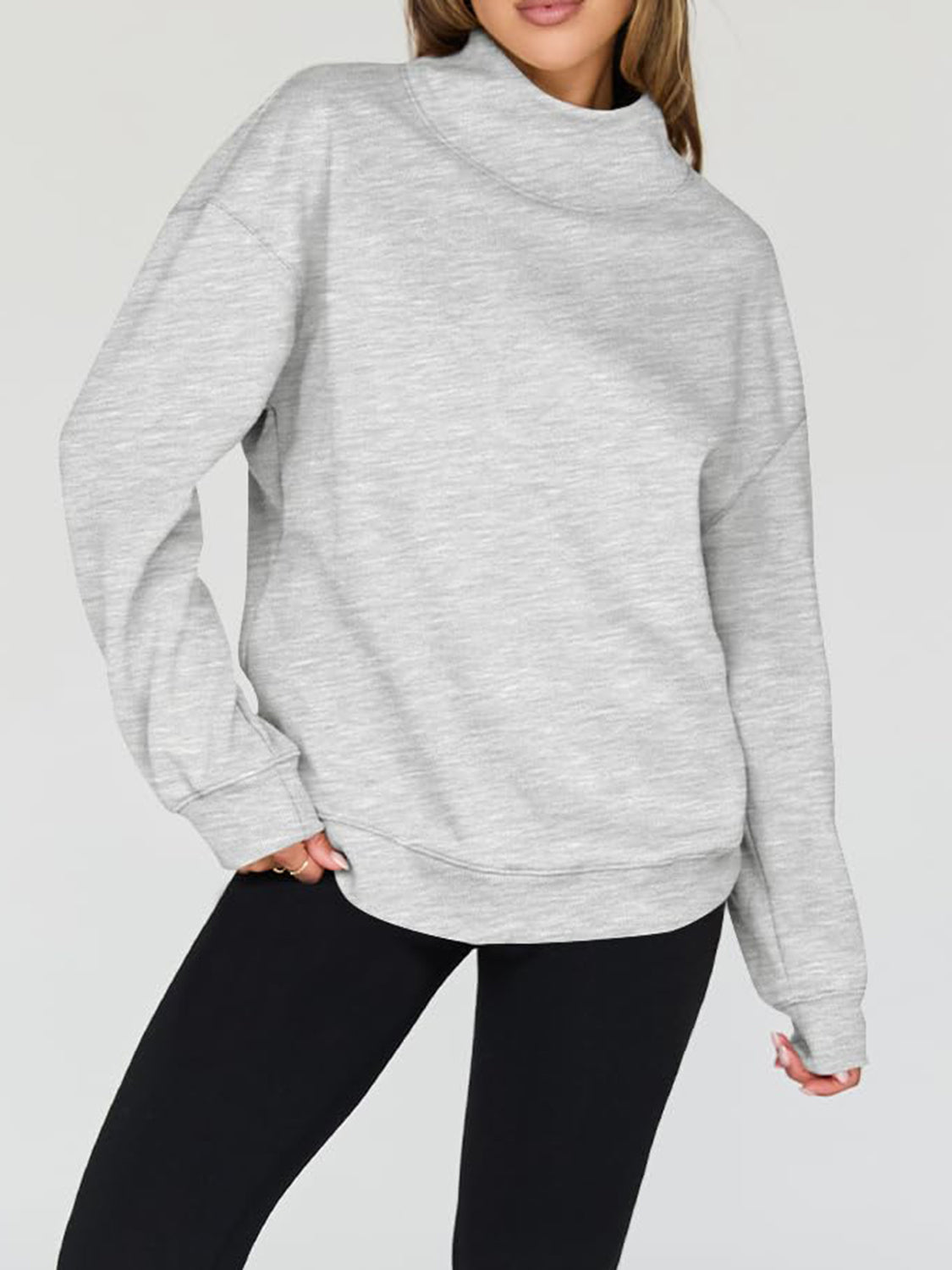 Mock Neck Drop Shoulder Long Sleeve Sweatshirt - Aurelia Clothing