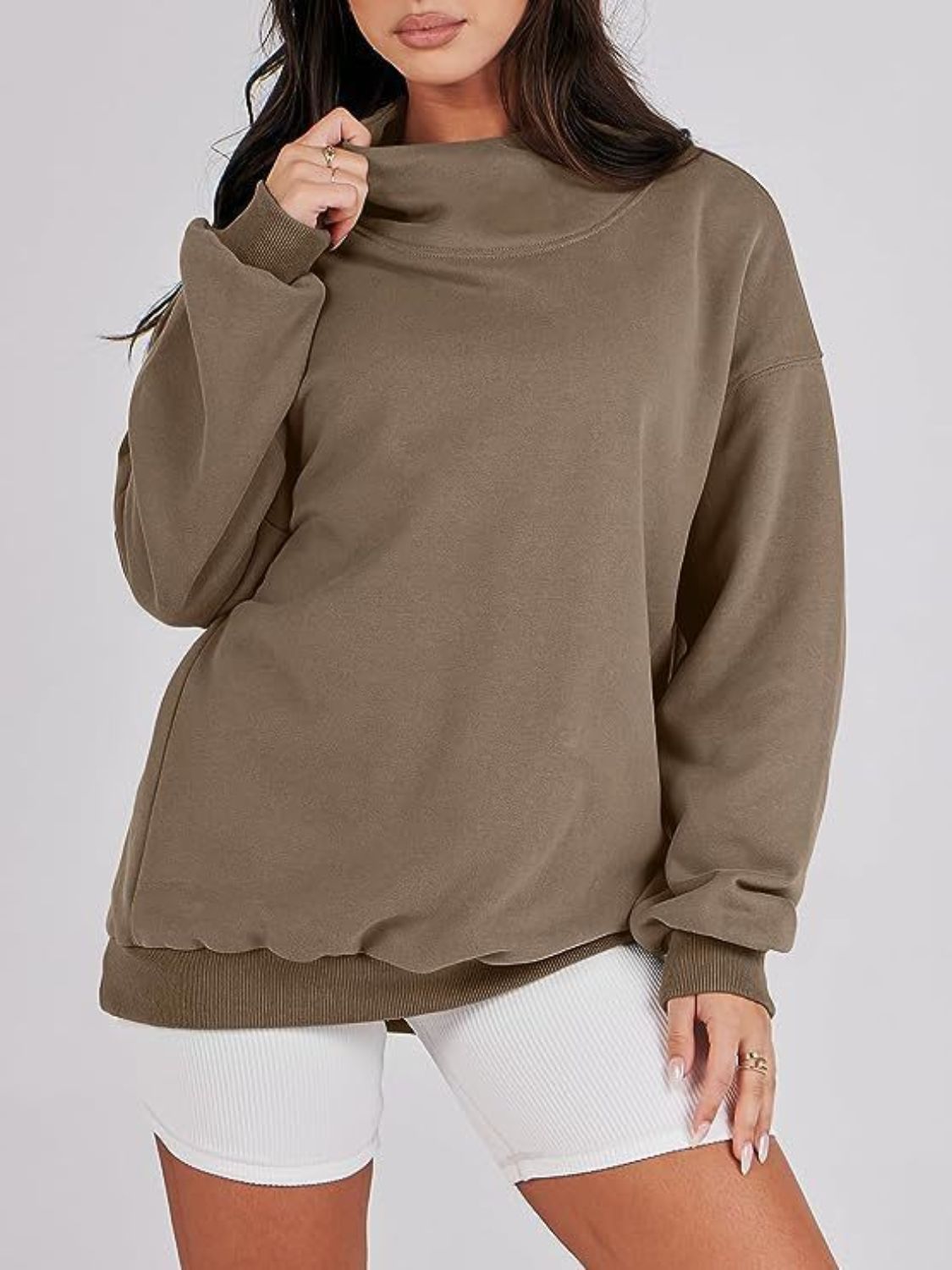 Mock Neck Drop Shoulder Long Sleeve Sweatshirt - Aurelia Clothing