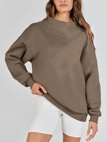 Mock Neck Drop Shoulder Long Sleeve Sweatshirt - Aurelia Clothing