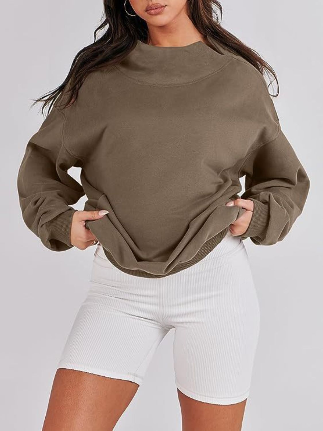 Mock Neck Drop Shoulder Long Sleeve Sweatshirt - Aurelia Clothing