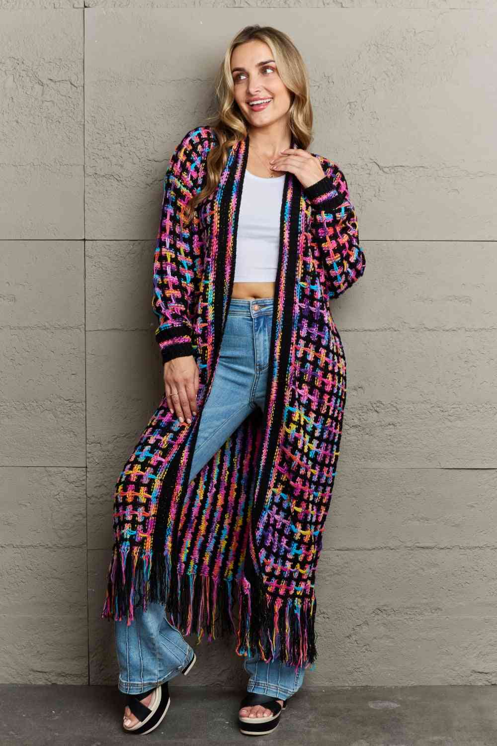 Multicolored Open Front Fringe Hem Cardigan - Aurelia Clothing