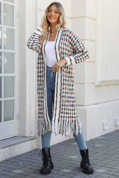 Multicolored Open Front Fringe Hem Cardigan - Aurelia Clothing