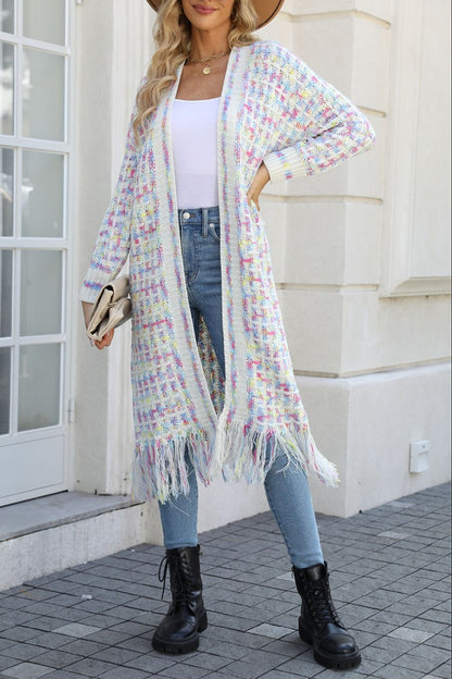 Multicolored Open Front Fringe Hem Cardigan - Aurelia Clothing