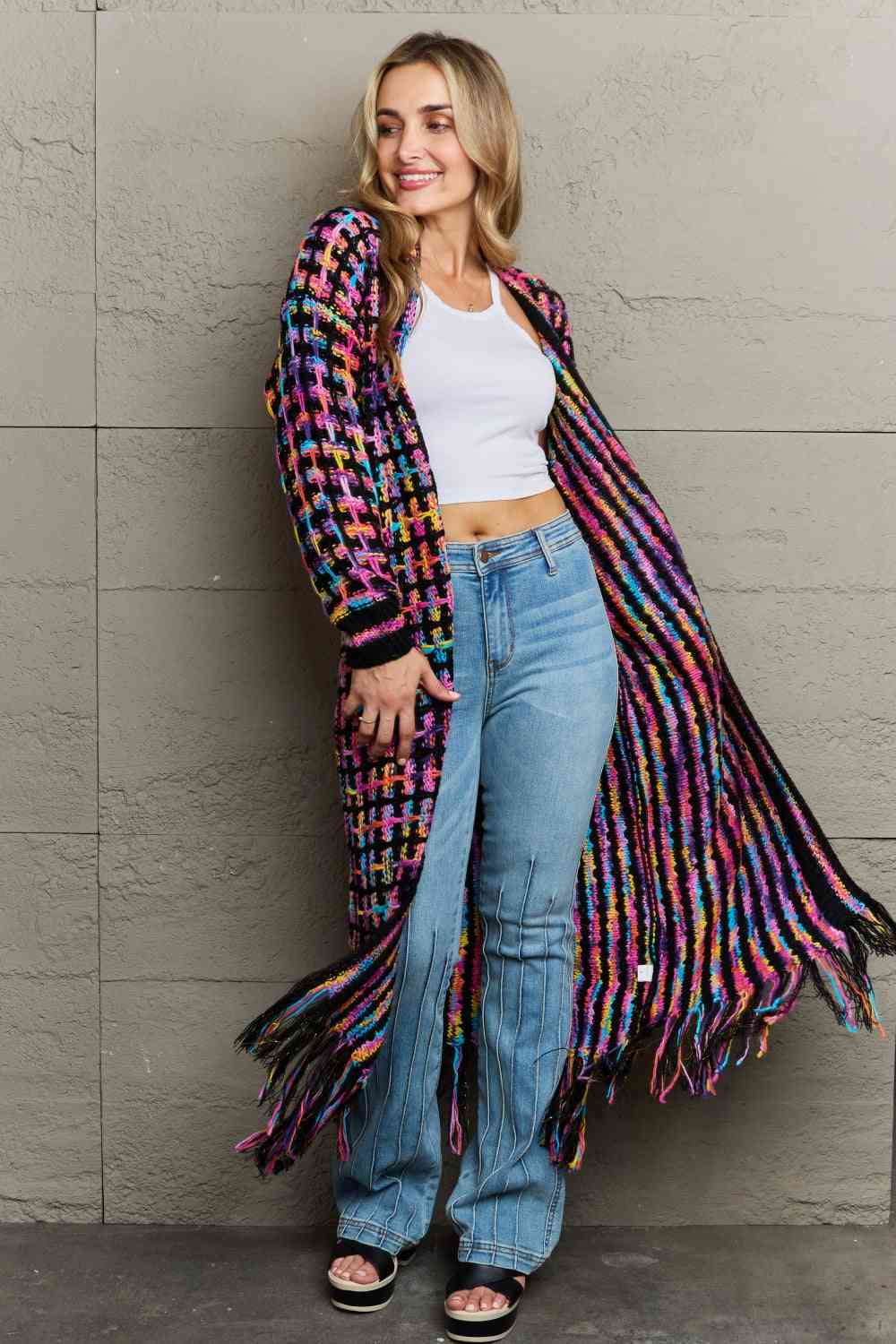 Multicolored Open Front Fringe Hem Cardigan - Aurelia Clothing