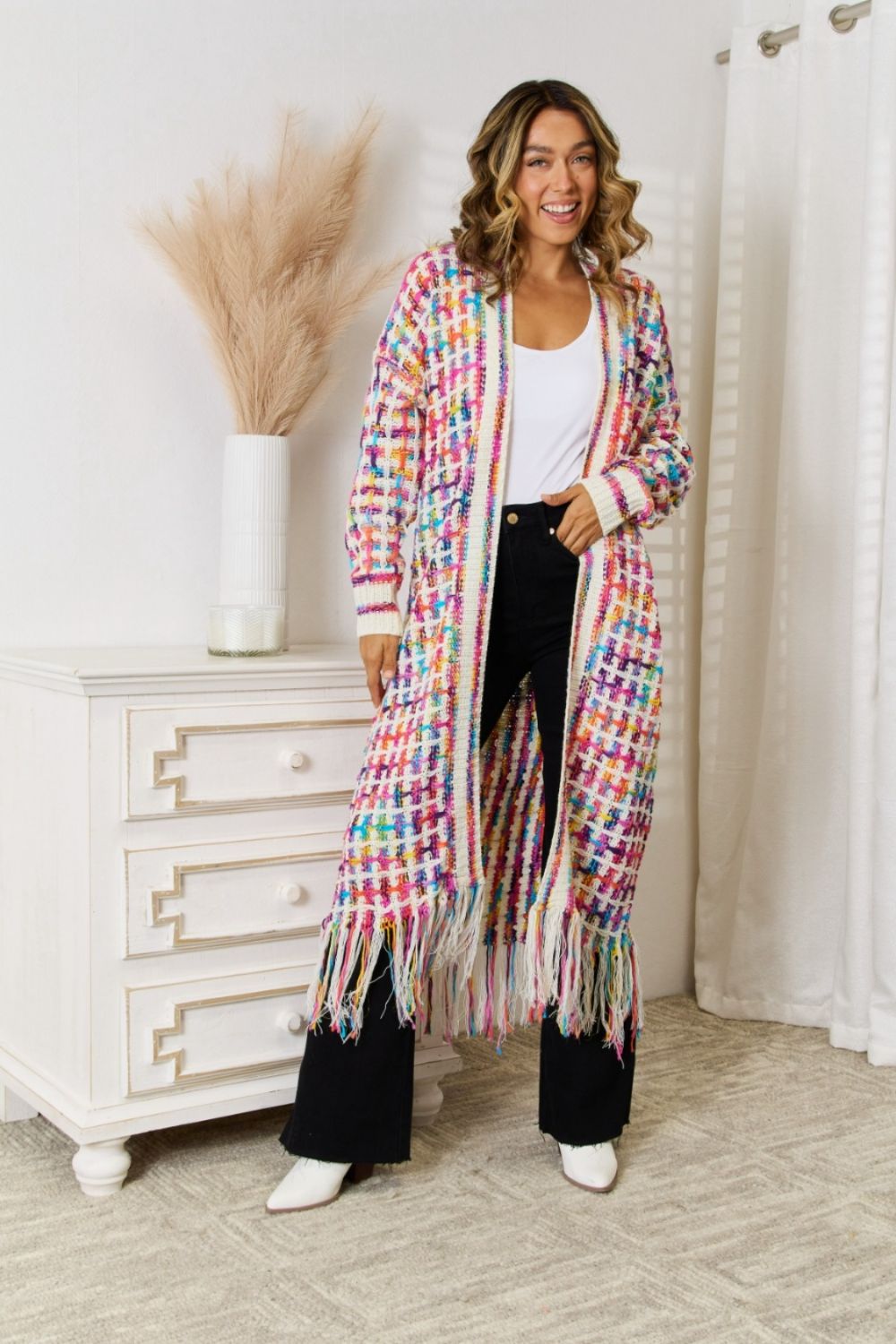 Multicolored Open Front Fringe Hem Cardigan - Aurelia Clothing