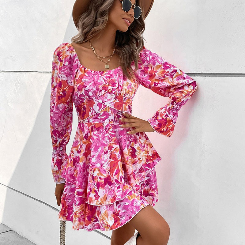 New Fashion European and American Womens Square Neck Printed Ruffle Sleeve Slim Fit Dress - Free Shipping - Aurelia Clothing