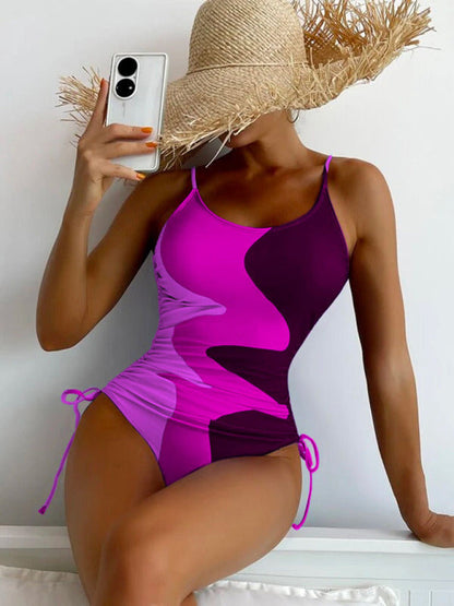 New One-Piece Swimsuit Multicolor Stitching Drawstring Corrugated Ladies Swimsuit - Free Shipping - Aurelia Clothing