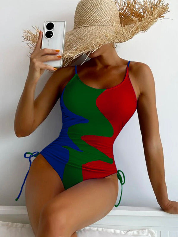 New One-Piece Swimsuit Multicolor Stitching Drawstring Corrugated Ladies Swimsuit - Free Shipping - Aurelia Clothing