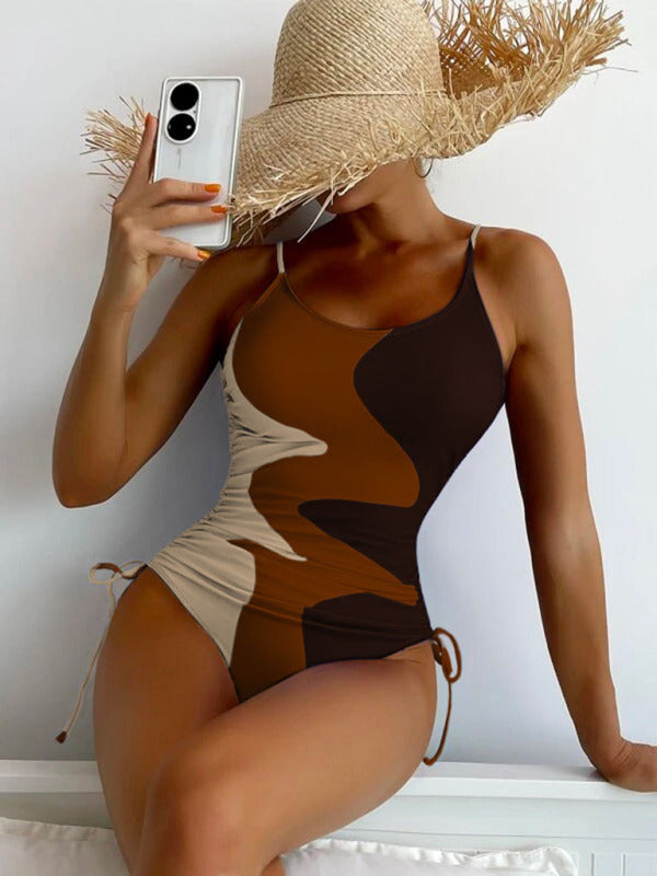 New One-Piece Swimsuit Multicolor Stitching Drawstring Corrugated Ladies Swimsuit - Free Shipping - Aurelia Clothing