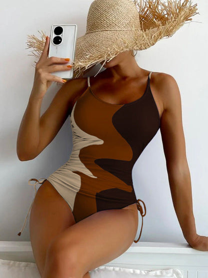 New One-Piece Swimsuit Multicolor Stitching Drawstring Corrugated Ladies Swimsuit - Free Shipping - Aurelia Clothing