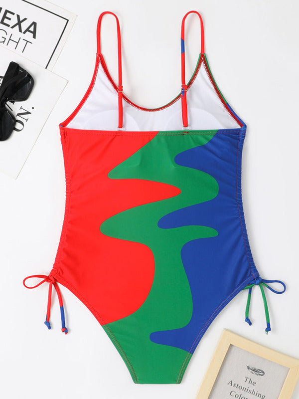 New One-Piece Swimsuit Multicolor Stitching Drawstring Corrugated Ladies Swimsuit - Free Shipping - Aurelia Clothing