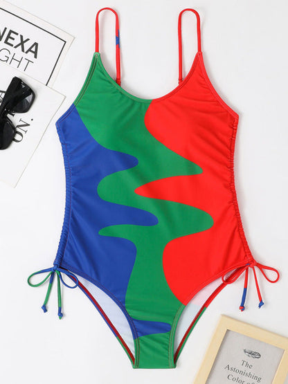 New One-Piece Swimsuit Multicolor Stitching Drawstring Corrugated Ladies Swimsuit - Free Shipping - Aurelia Clothing