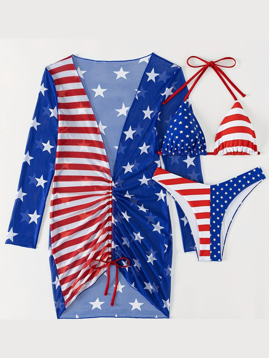 New Swimsuit Sleeveless Halter Loose Independence Day Flag Printed Yarn Three-piece Set - Free Shipping - Aurelia Clothing