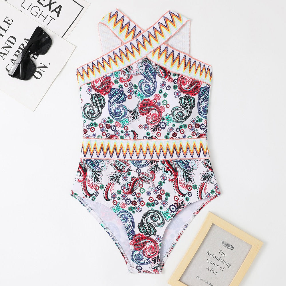 New one-piece swimsuit knitted waistband printed hanging neck one-piece swimsuit - Free Shipping - Aurelia Clothing