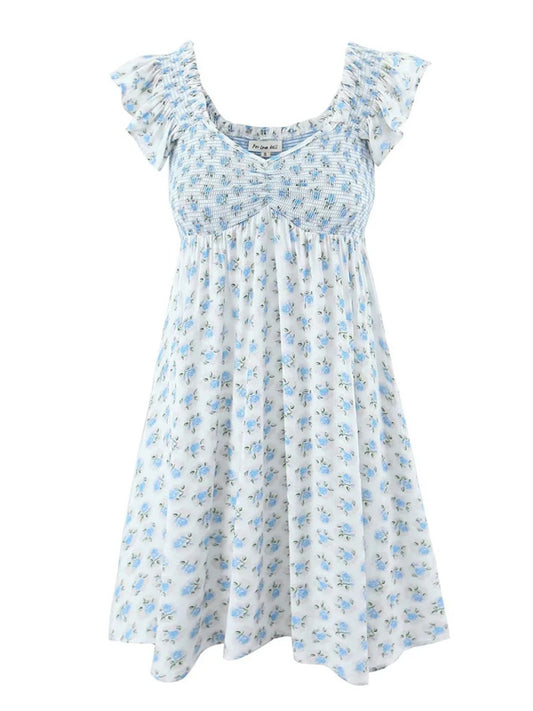 New style flying sleeve elastic pleated V-neck blue floral dress - Free Shipping - Aurelia Clothing