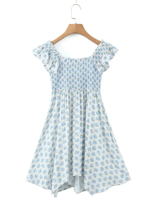 New style flying sleeve elastic pleated V-neck blue floral dress - Free Shipping - Aurelia Clothing