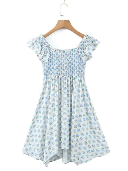 New style flying sleeve elastic pleated V-neck blue floral dress - Free Shipping - Aurelia Clothing