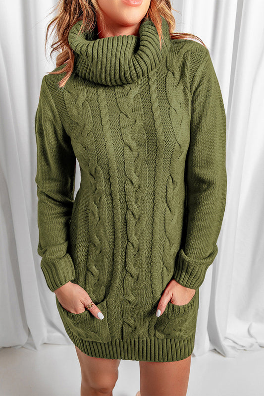 Olive Cowl Neck Cable Knit Sweater Dress - Free Shipping - Aurelia Clothing