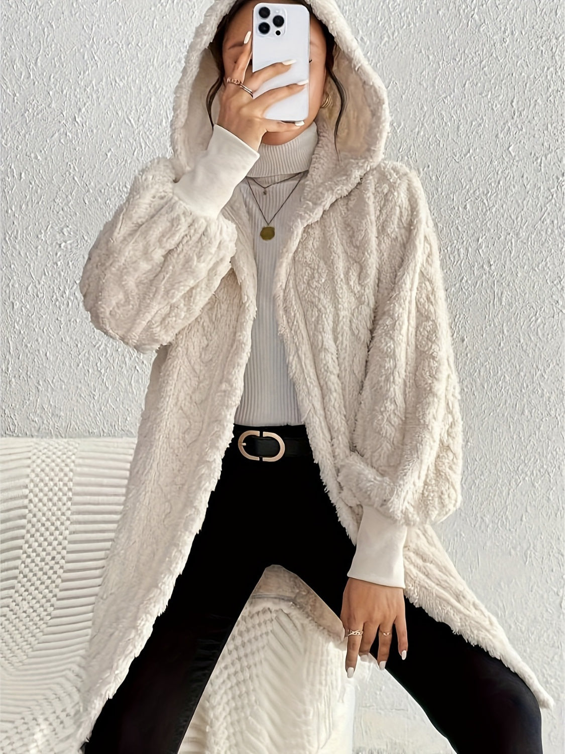 Open Front Long Sleeve Fuzzy Hooded Jacket - Aurelia Clothing