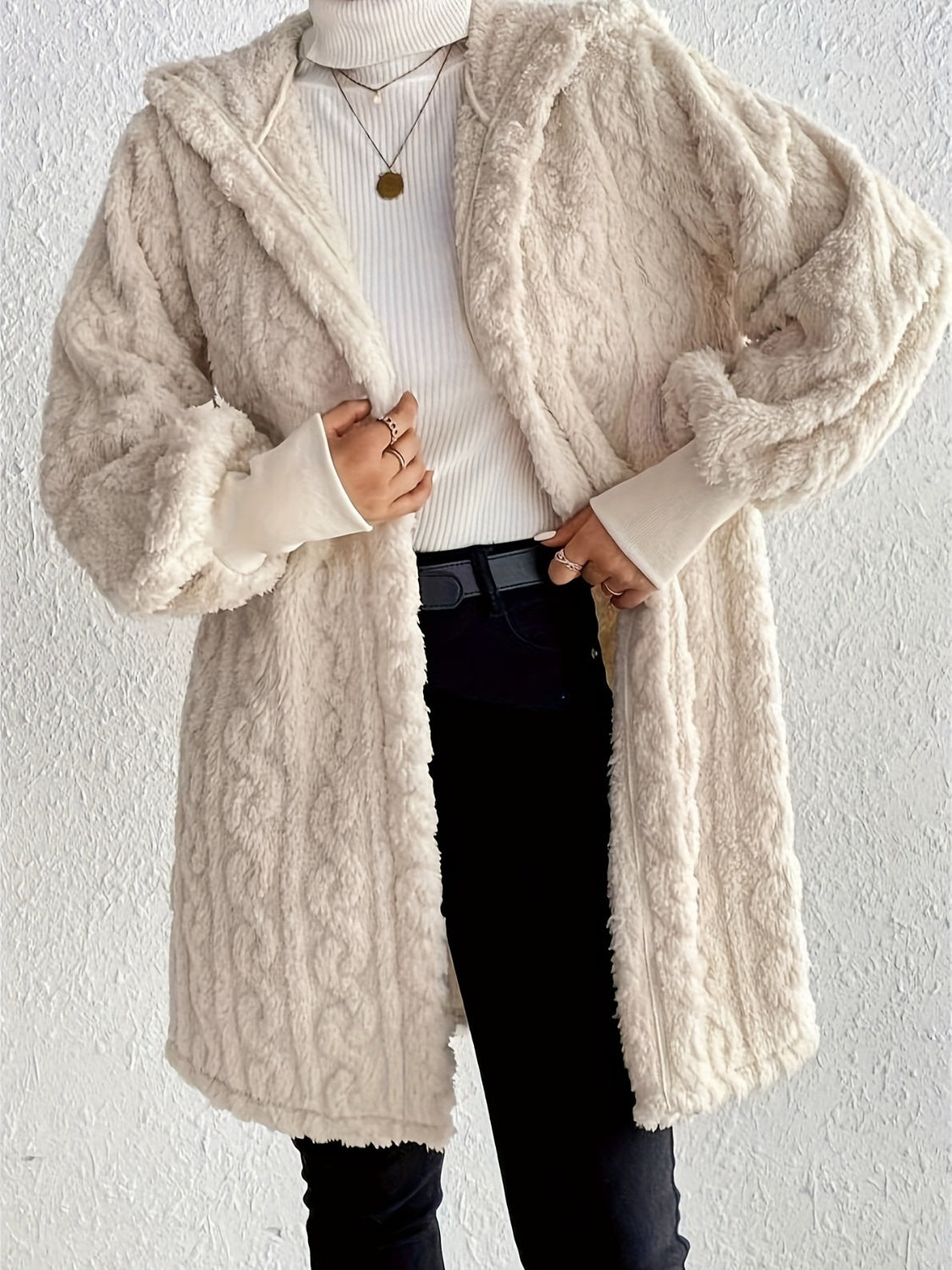 Open Front Long Sleeve Fuzzy Hooded Jacket - Aurelia Clothing