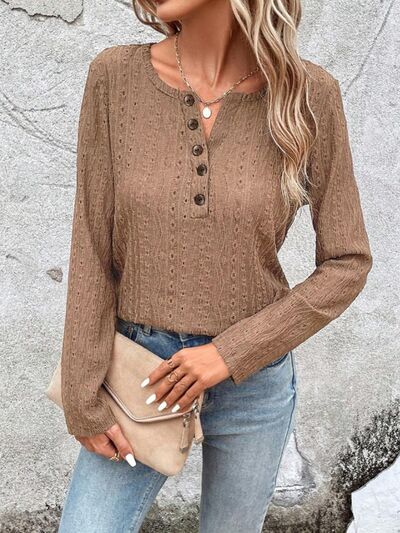 Openwork Half Button Long Sleeve Blouse - Aurelia Clothing